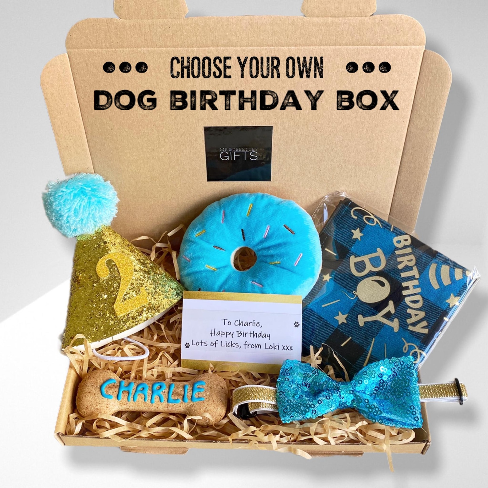Personalised Dog Birthday Gift Box - Bandana, Bow Tie & Toys